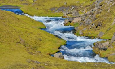 Rivière glaciaire traversant une vallée verdoyante au cœur des paysages sauvages d’Islande.
