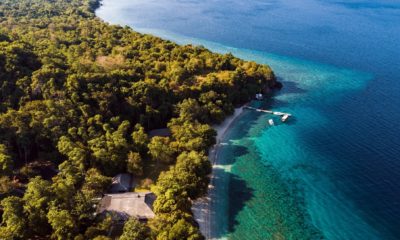 Vue aérienne d'une plage bordée de forêt tropicale en Indonésie. Horizons Nouveaux, agence de voyage sur mesure. Voyage en Indonésie sur mesure.