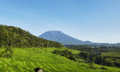 Rizières en terrasses dominées par le mont Agung, à l'est de Bali. Voyage en Indonésie sur mesure avec Horizons Nouveaux, agence de voyage basée en Suisse