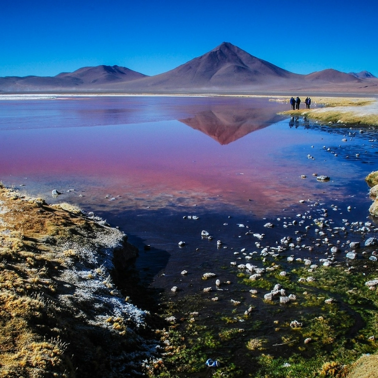 Lagune d'altitude aux eaux rougeoyantes reflétant les volcans de l'Altiplano bolivien, dans les paysages sauvages de la réserve Eduardo Avaroa. Voyage sur mesure dans l'antiplano bolivien avec Horizons Nouveaux