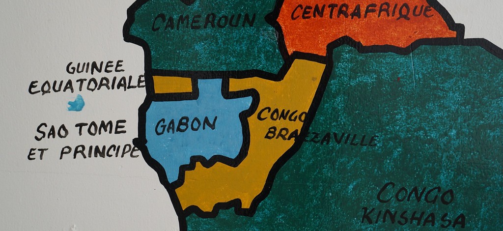 Carte géographique dessinée montrant les deux Congo et les pays limitrophes.