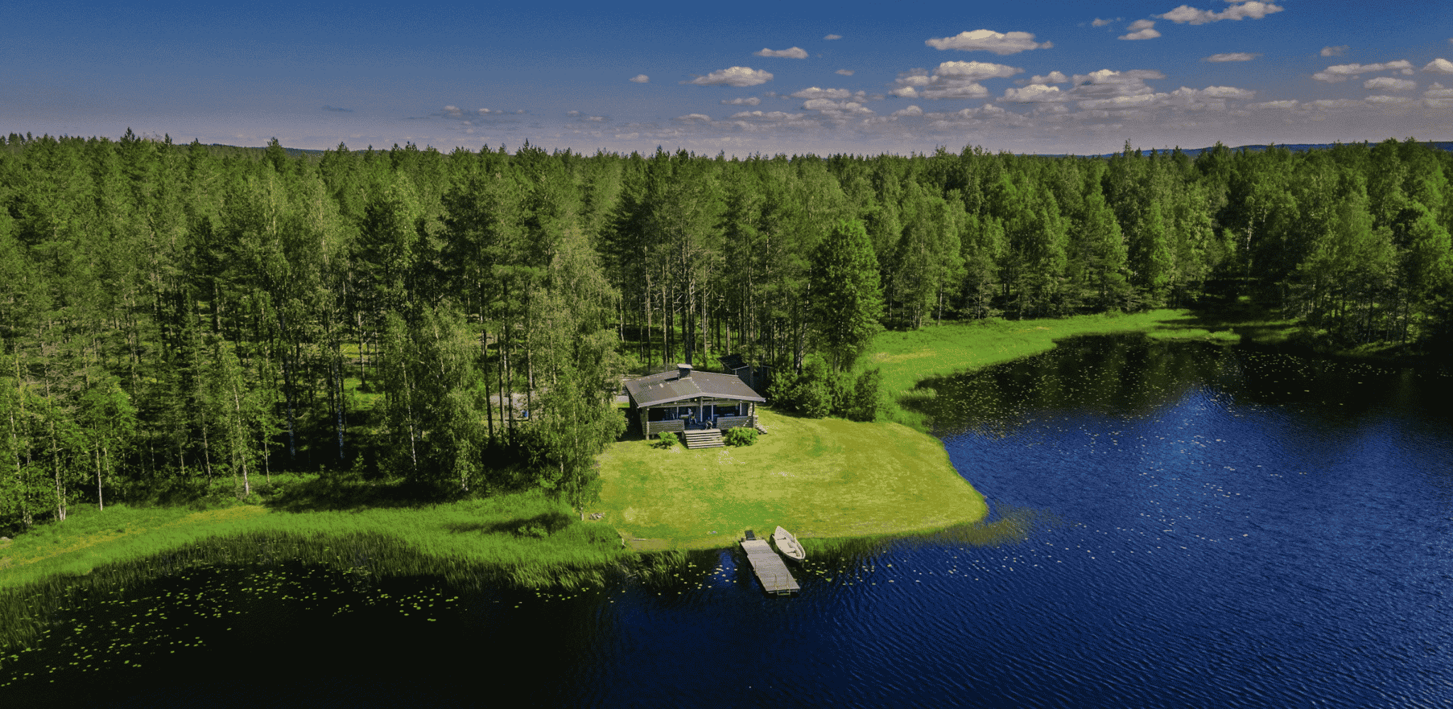 Chalet isolé au bord d’un lac, entouré d’une vaste forêt de conifères et de bouleaux, dans un paysage naturel préservé.