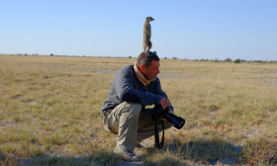 Paul, cofondateur d’Horizons Nouveaux, en observation safari avec un suricate dans la savane africaine