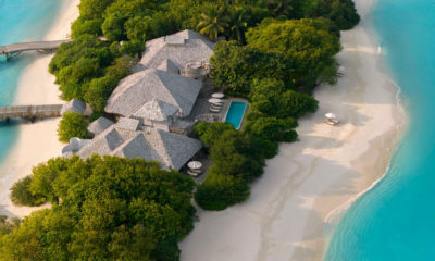 Vue aérienne du Soneva Secret, entre sable blanc et océan Indien – Horizons Nouveaux