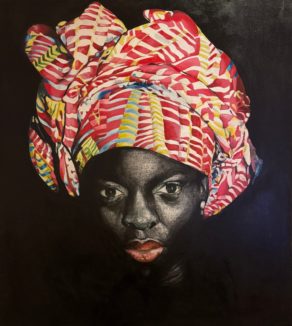 Peinture par un artiste congolais. Portrait d'une femme avec tissus coloré.