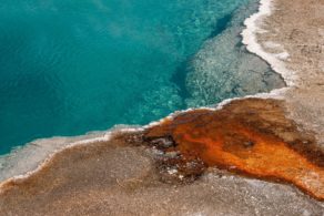Détail d'une source géothermique du parc de Yellowstone, près d'Amangani à Jackson Hole, où des eaux turquoise cristallines contrastent avec des dépôts minéraux aux teintes ocre et orangées.