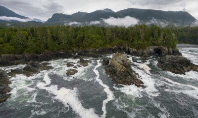 Paysage naturel préservé autour du Clayoquot Wilderness Lodge, où les montagnes, les forêts tempérées et les eaux du Pacifique se rencontrent.