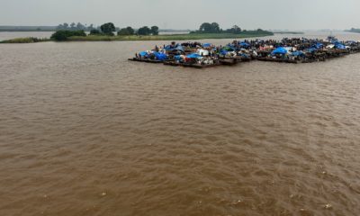Des radeaux de grumes sur le fleuve Congo en République démocratique du Congo. Ces convois de bois flottants servent au transport de marchandises et de personnes là où les routes sont rares ou impraticables. Les passagers voyagent souvent dans des conditions extrêmes sur ces embarcations pendant des périples qui peuvent durer un mois.