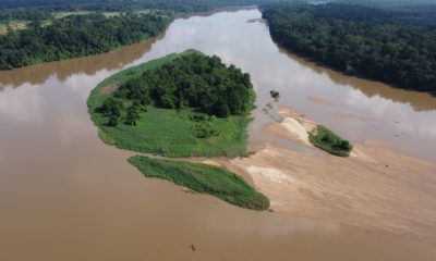 Vue aérienne du fleuve Sangha entouré de la forêt tropicale dense du bassin du Congo, avec une embarcation qui remonte la rivière. Le bassin du Congo abrite une biodiversité exceptionnelle et est l'une des plus grandes forêts tropicales humides au monde. Ces écosystèmes sont essentiels pour la régulation climatique et nécessitent des efforts de conservation permanents.