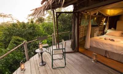 Vue de l'intérieur d'un bungalow à Lango Lodge, dans le Parc National de Odzala-Kokoua au Congo