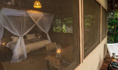 Vue à travers la moustiquaire sur l'intérieur d'un bungalow à Mboko Lodge, dans le Parc National Odzala-Kokoua en République du Congo