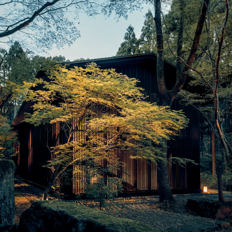 Bâtiment contemporain en bois sombre aux lignes épurées, entouré d'érables japonais et d'une forêt verdoyante, dans une atmosphère paisible au Japon.